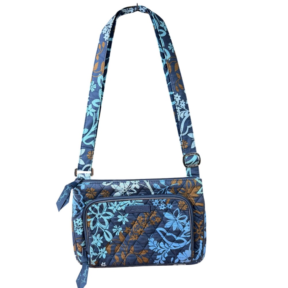 Vera Bradley Crossbody Bag Small Blue Floral Quilted Slim Hipster Retro Boho